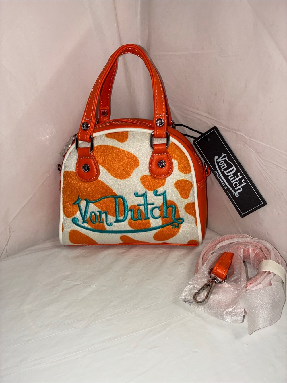 Von Dutch Orange & White Cowprint Crossbody Mini Bag with Teal Logo